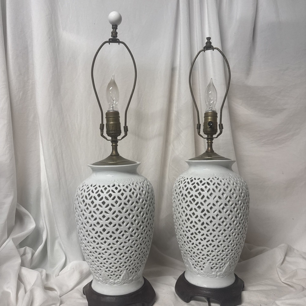 2 VTG Toyo Blanc de Chine Lamp Dual Light MCM Reticulated Ginger Jar Hollywood - Picture 2 of 16